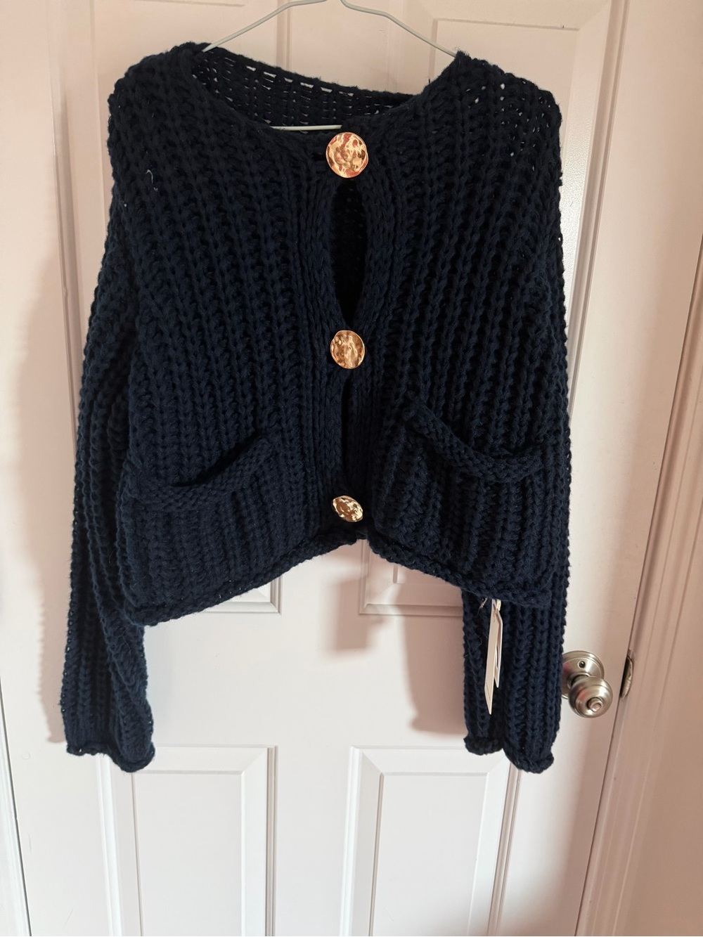 Commense navy Chunky Knit Cardigan with Gold Buttons